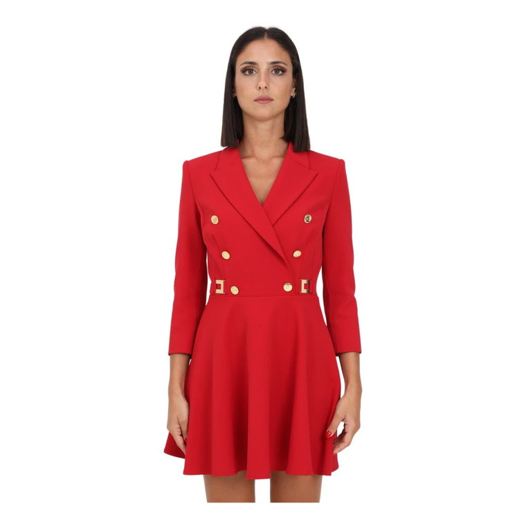 Czerwona Krótka Sukienka z Plakietkami z Logo i Złotymi Guzikami Elisabetta Franchi