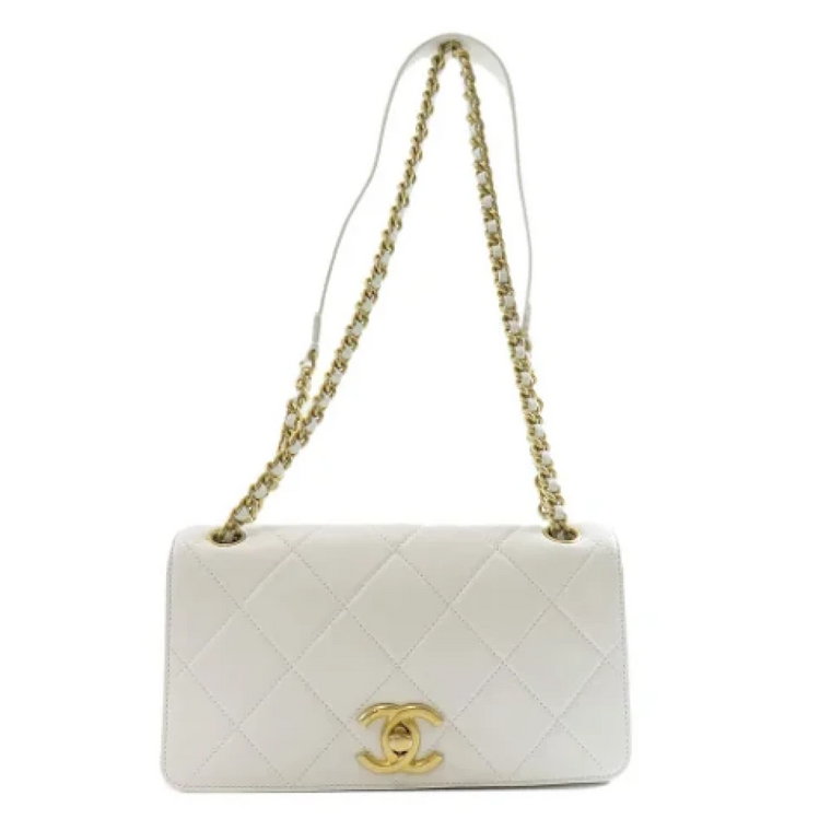 Używana biała skórzana torba z klapką Chanel Vintage