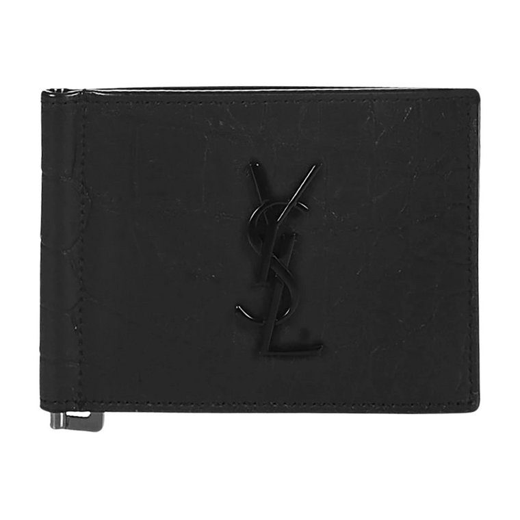 Czarny portfel z wytłoczonym skórzanym wzorem Saint Laurent