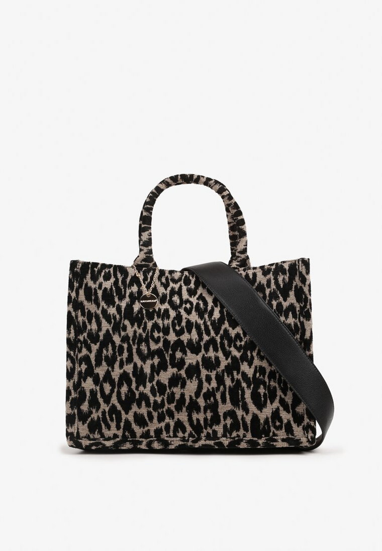 Beżowa Torebka Typu Shopper w Animal Print z Rączkami i Paskiem Sintellea