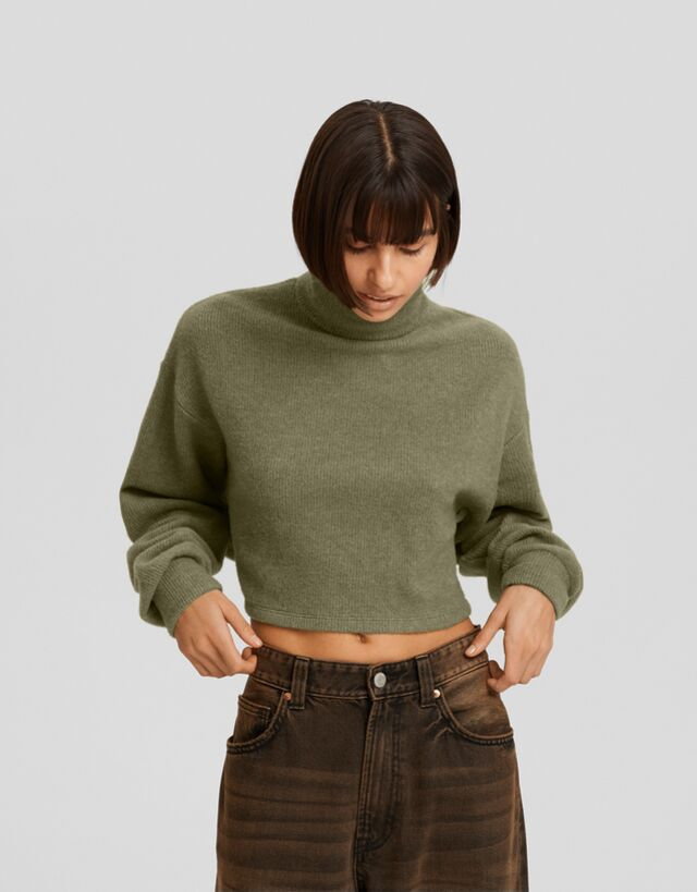 Bershka Krótki Sweter Z Golfem Kobieta L Khaki