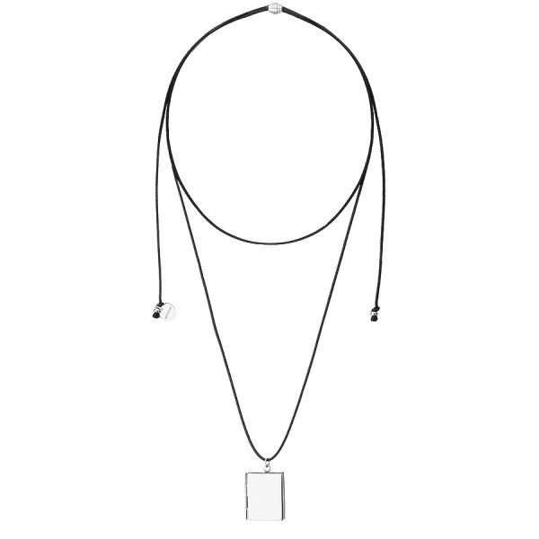 Naszyjnik damski otwierany prostokątny sekretnik na czarnym sznurku srebrny
