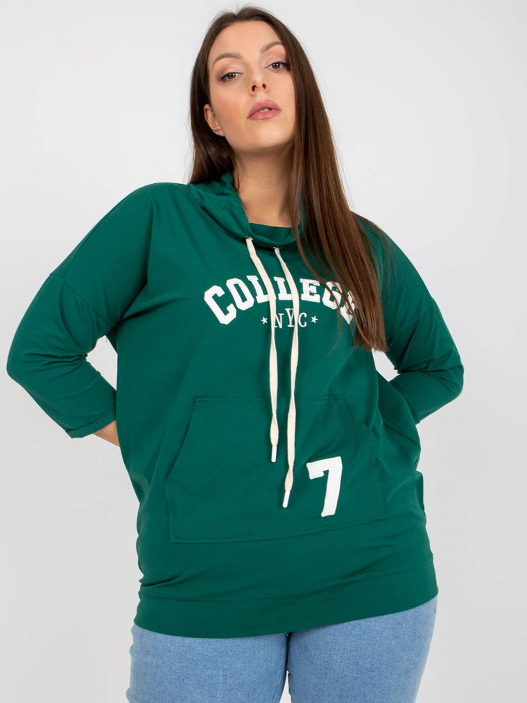 Bluzka plus size ciemny zielony casual sportowy codzienna dekolt stójka rękaw 3/4 długość długa naszywki