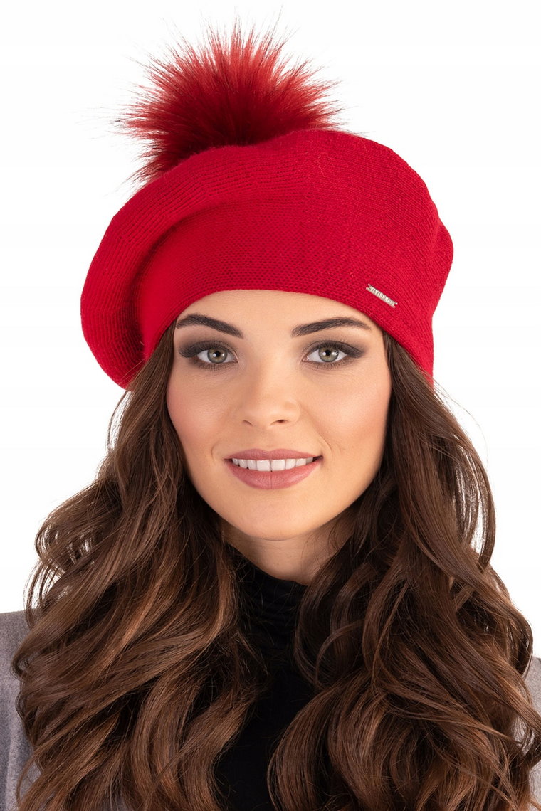 Beret damski z pomponem czerwony Vivisence 7035