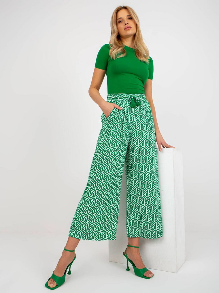 Spodnie z materiału zielony casual materiałowe palazzo nogawka szeroka wiązanie