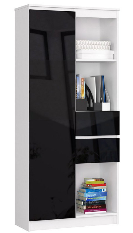 Regał na książki z szufladami i półkami biały + czarny połysk - Avera 4X