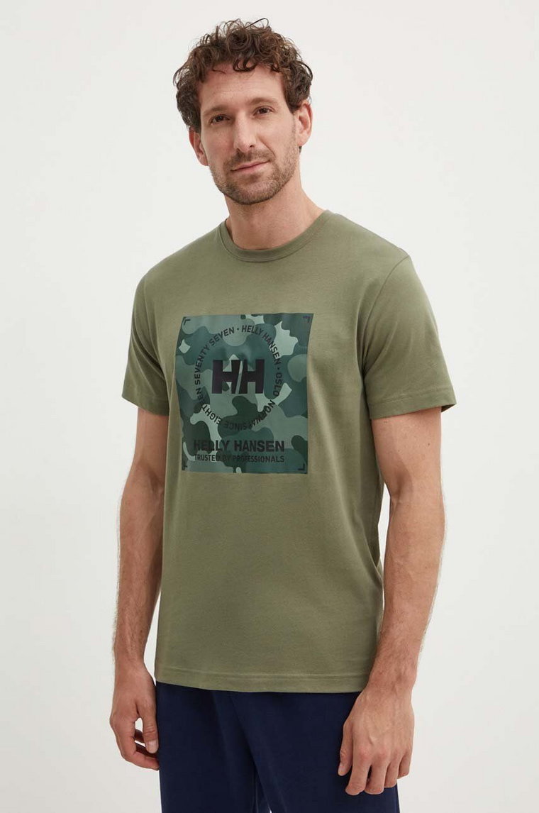 Helly Hansen t-shirt bawełniany kolor zielony wzorzysty
