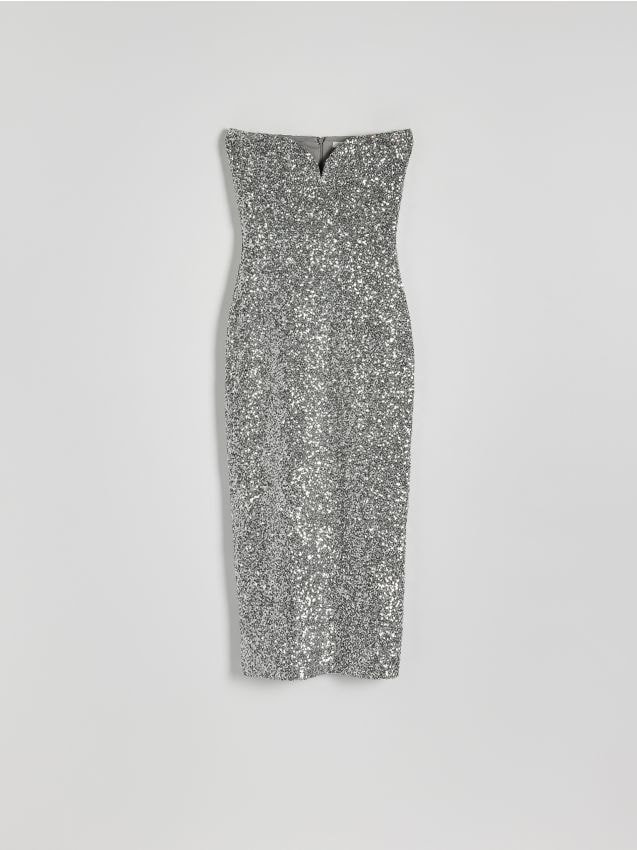 Reserved - Cekinowa sukienka midi - srebrny