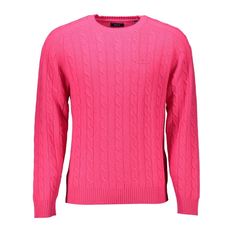 Różowy Sweter z Wełny, Długi Rękaw, Okrągły Dekolt, Logo Gant