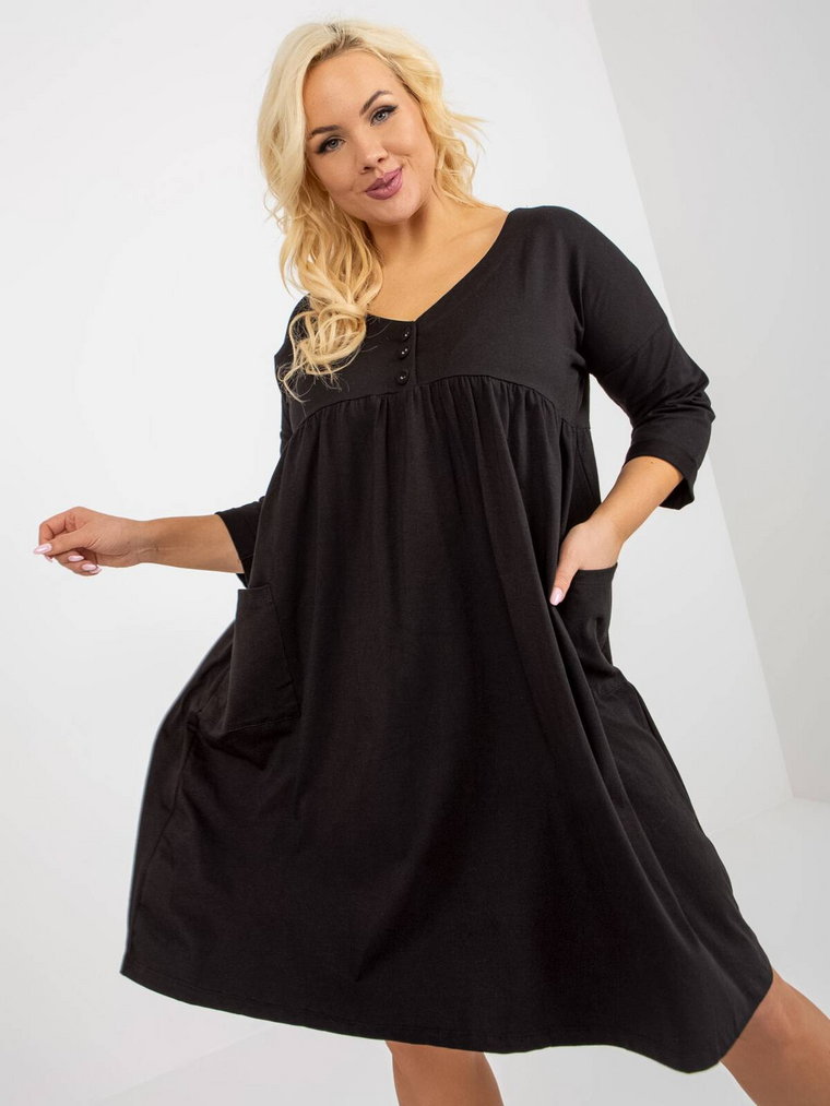 Sukienka plus size czarny codzienna dekolt w kształcie V rękaw 3/4 długość przed kolano kieszenie guziki