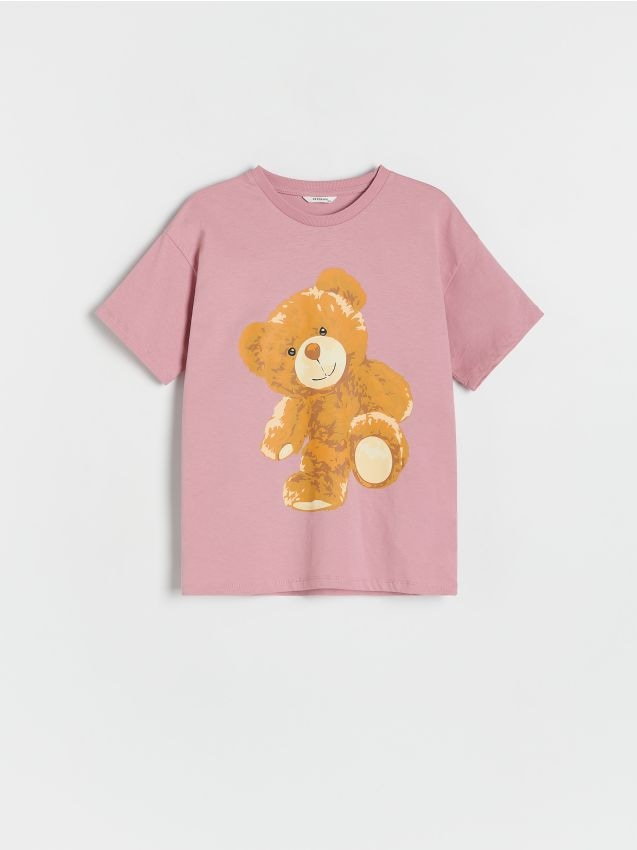 Reserved - Bawełniany t-shirt z nadrukiem - pastelowy róż