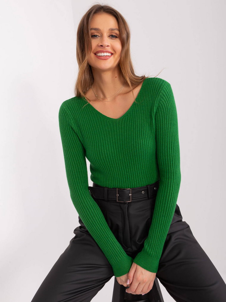 Sweter klasyczny zielony dekolt w kształcie V rękaw długi materiał prążkowany