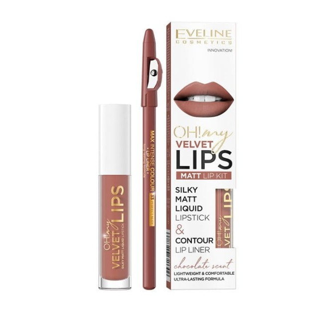 Eveline Cosmetics Oh! My Velvet Lips Liquid Matt Lip Kit zestaw matowa pomadka w płynie 4.5ml + konturówka do ust 1szt 12 Praline Eclair