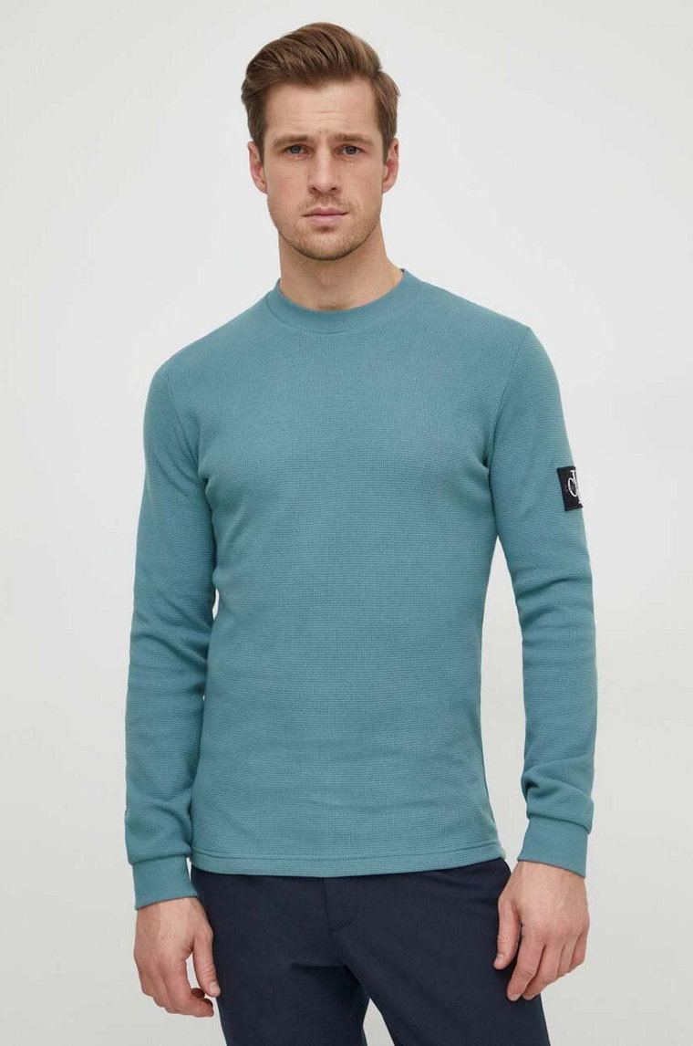 Calvin Klein Jeans bluza bawełniana męska kolor turkusowy z aplikacją