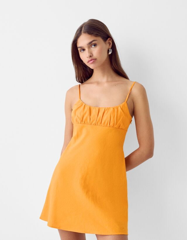 Bershka Sukienka Mini Z Lnem Kobieta Xs Pomarańczowy