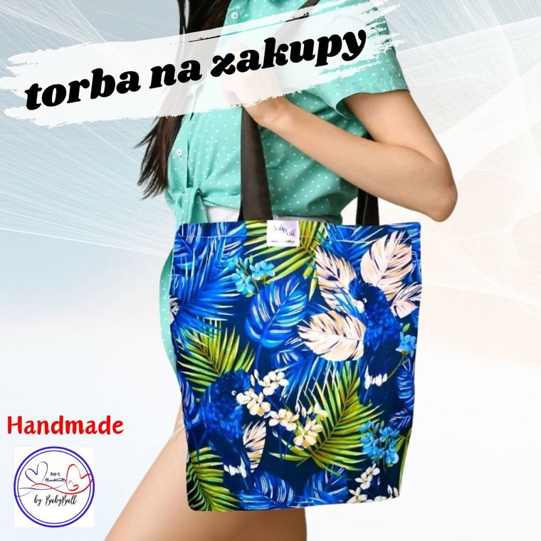 Torba siatka na zakupy bawełniana shopperka kolorowa EKO HANDMADE- NIEBIESKIE PAPUGI