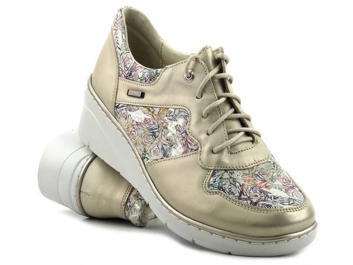 Sneakersy damskie skórzane, wygodne - Helios Komfort 347, złote w kwiaty