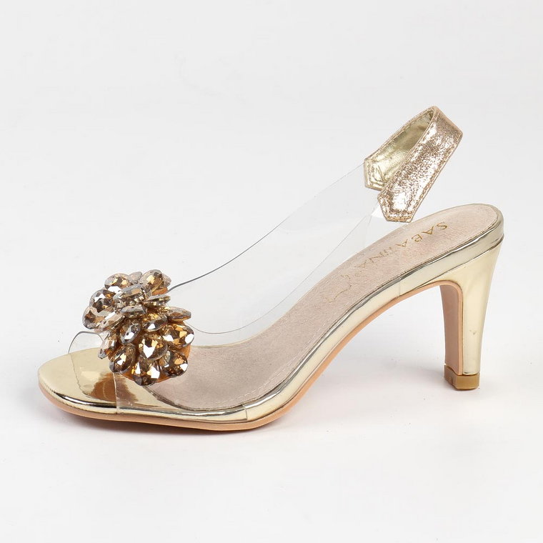Złote silikonowe sandały damskie na szpilce z kryształami, transparent