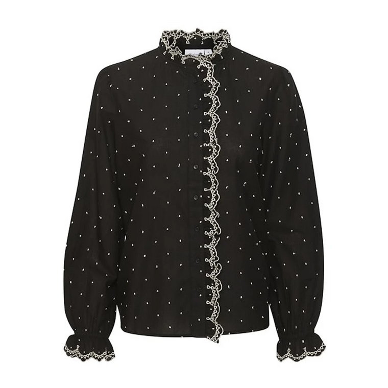 Czarna bluzka z bufiastymi rękawami i haftowanymi falbankami Saint Tropez