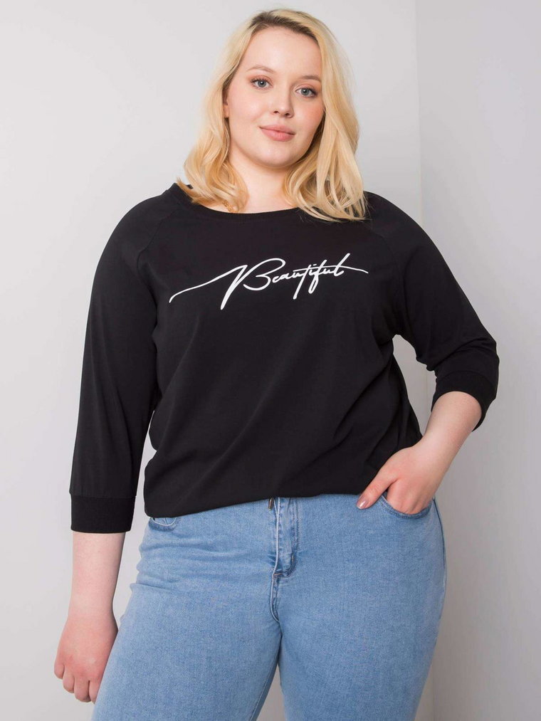 Bluzka plus size czarny casual dekolt okrągły rękaw długi