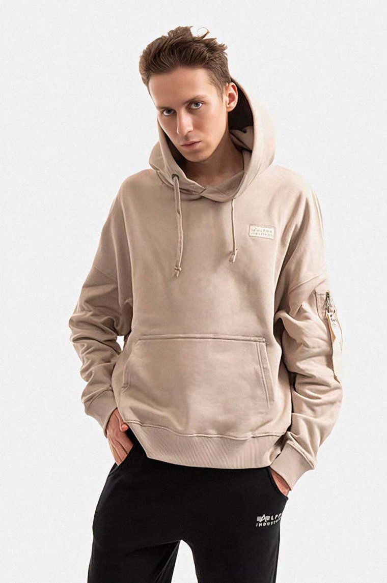 Alpha Industries bluza bawełniana męska kolor beżowy z kapturem gładka 118349.627-KREMOWY