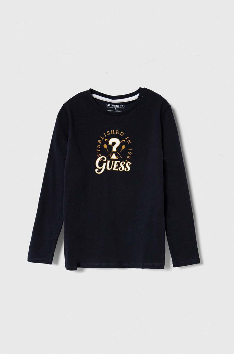 Guess longsleeve bawełniany dziecięcy kolor granatowy z nadrukiem