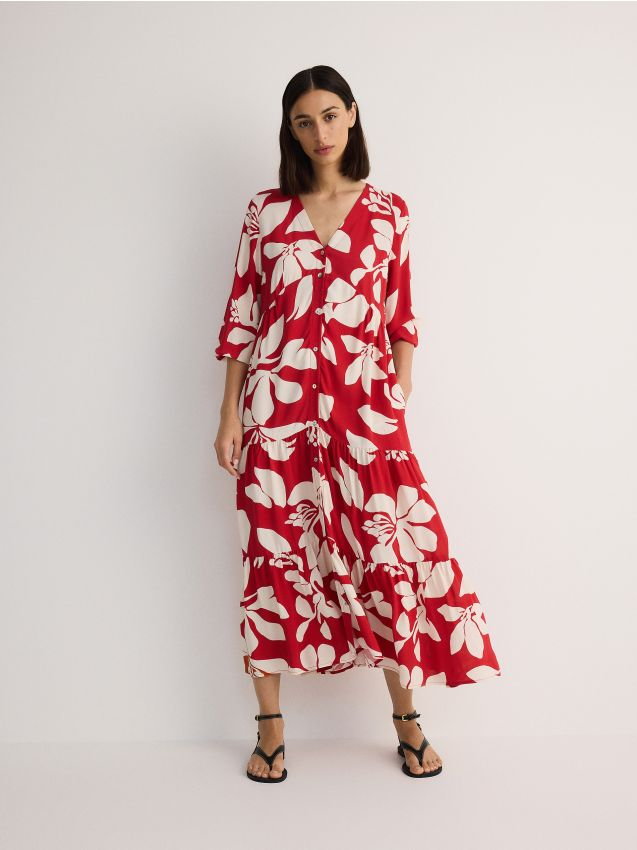 Reserved - Wzorzysta sukienka midi - czerwony