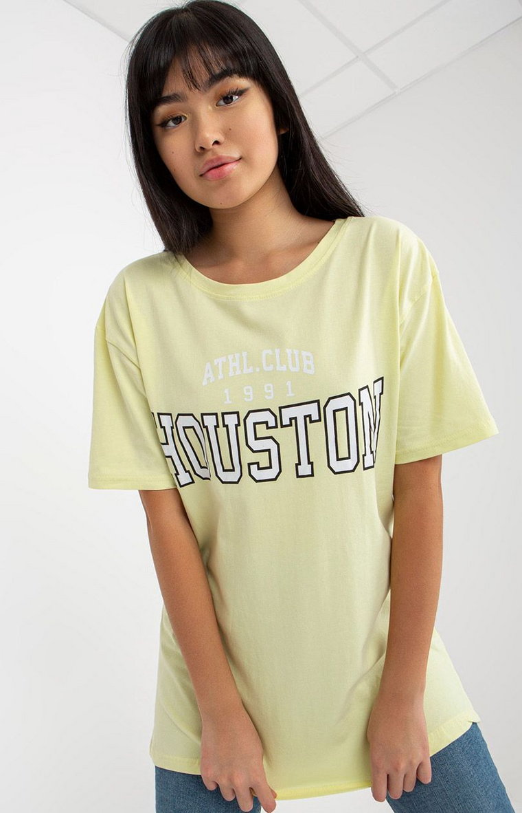 T-shirt damski z nadrukiem jasnożółty EM-TS-527-1.26X, Kolor jasnożółty, Rozmiar one size, EX MODA