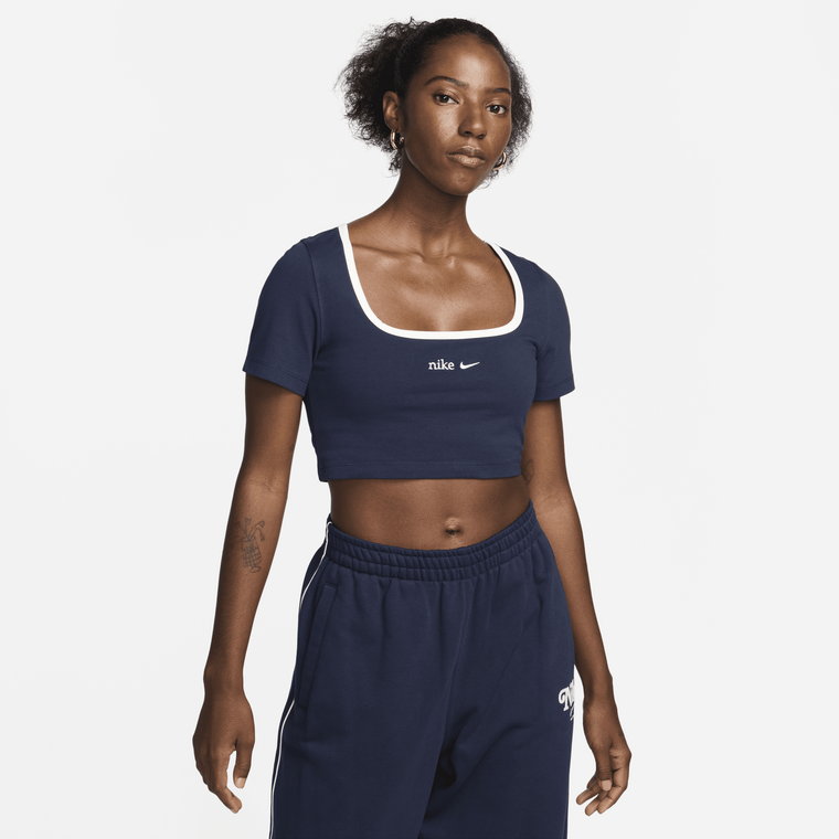 Damski T-shirt o krótkim kroju z dekoltem karo Nike Sportswear - Niebieski