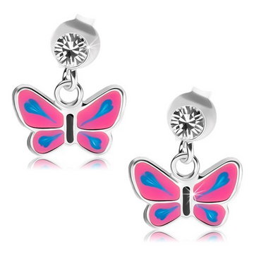 Kolczyki ze srebra 925, przezroczysty kryształek, motyl z różowymi skrzydłami, niebieskie łzy