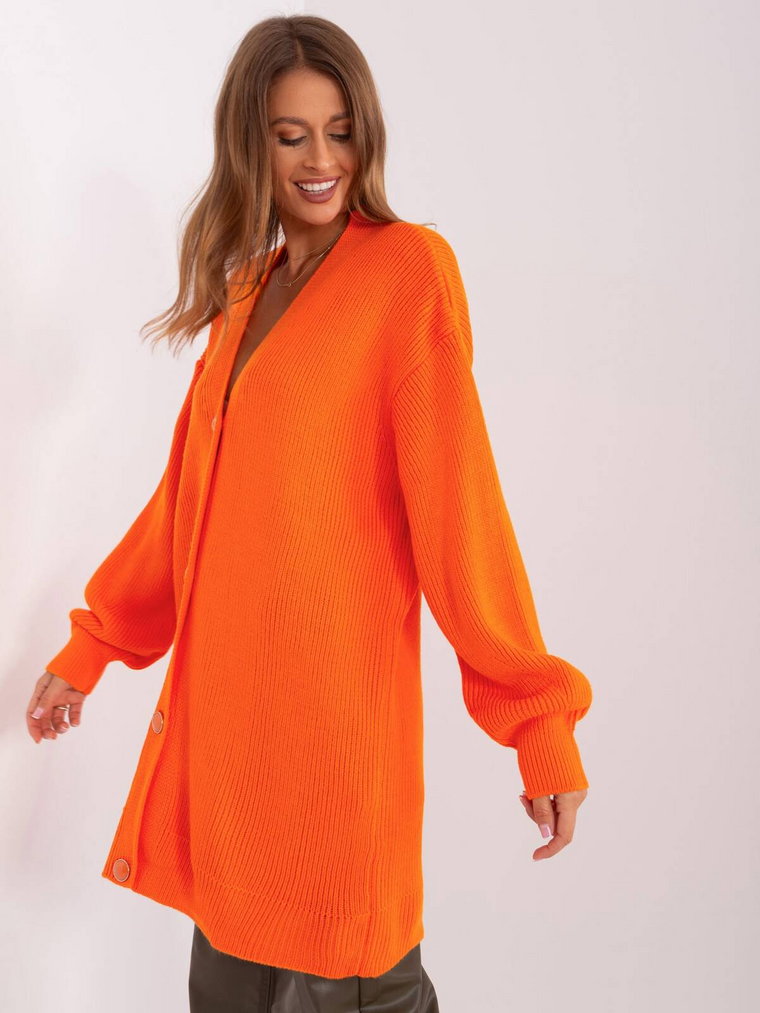 Sweter rozpinany pomarańczowy casual dekolt w kształcie V rękaw długi długość długa guziki