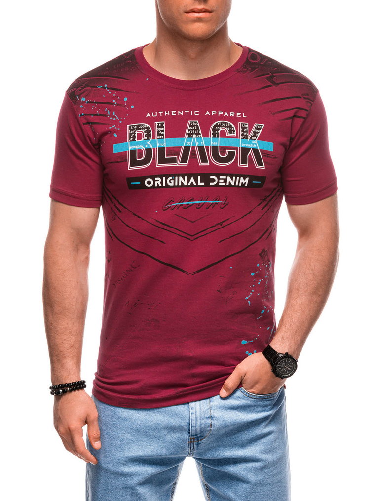 T-shirt męski z nadrukiem S1936 - ciemnoczerwony