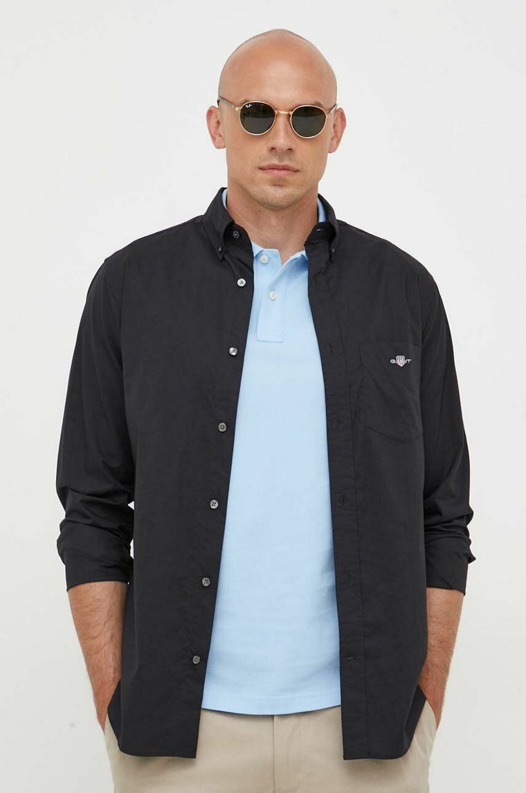 Gant koszula bawełniana męska kolor czarny regular z kołnierzykiem button-down