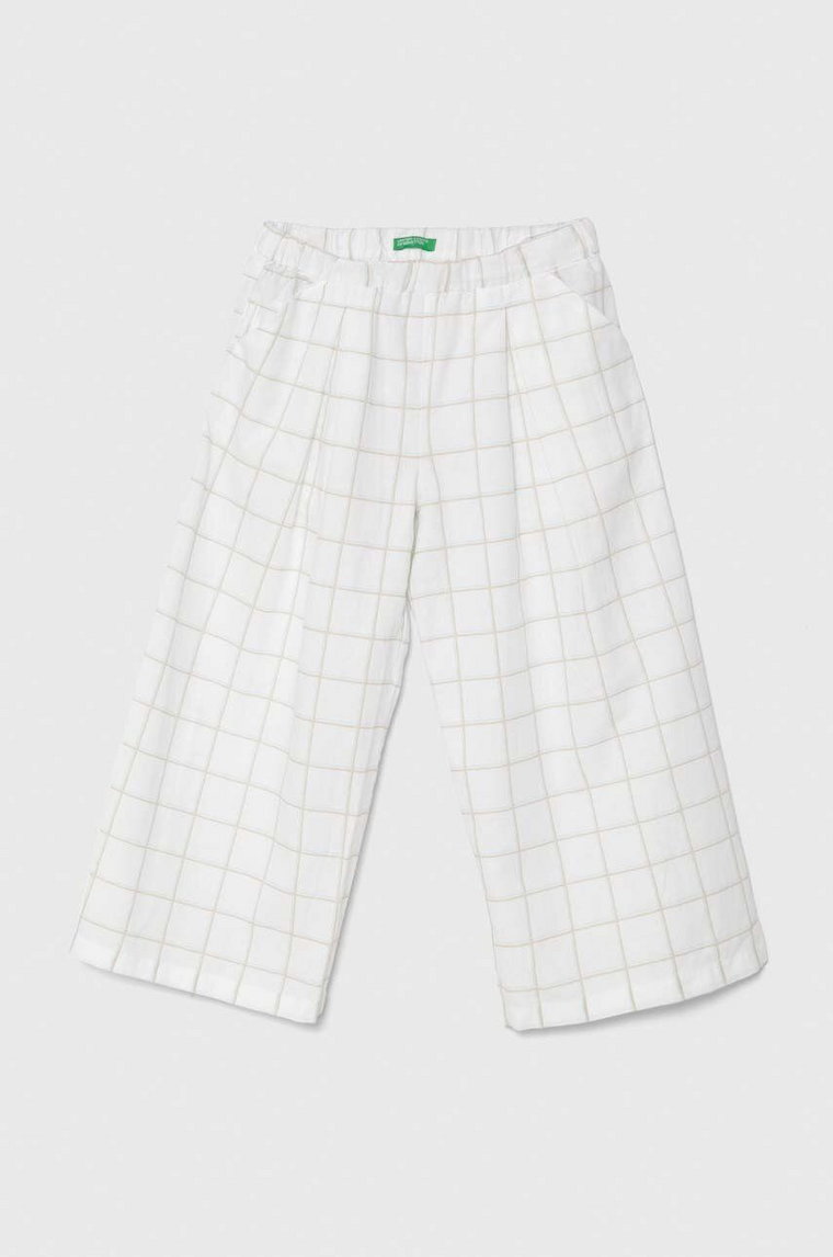 United Colors of Benetton spodnie lniane dziecięce kolor biały gładkie
