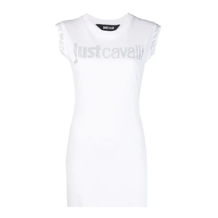Biała Sukienka z Bawełnianej Dżerseju z Logo ze Strasem Just Cavalli