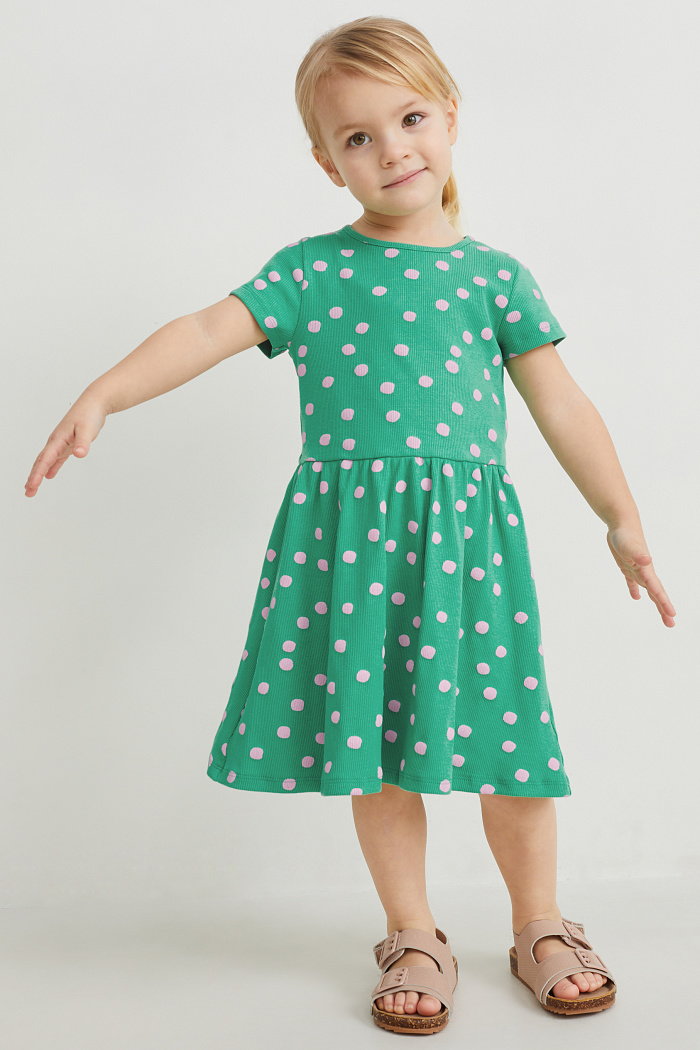 C&A Zestaw-sukienka, koszulka z krótkim rękawem, legginsy i gumka do włosów-4 części, Zielony, Rozmiar: 134