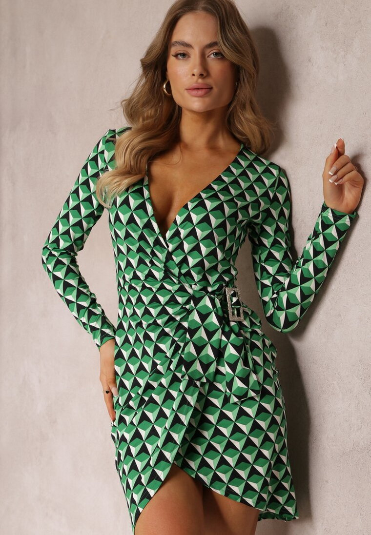 Zielona Kopertowa Sukienka Mini w Mozaikowy Wzór Jalilah