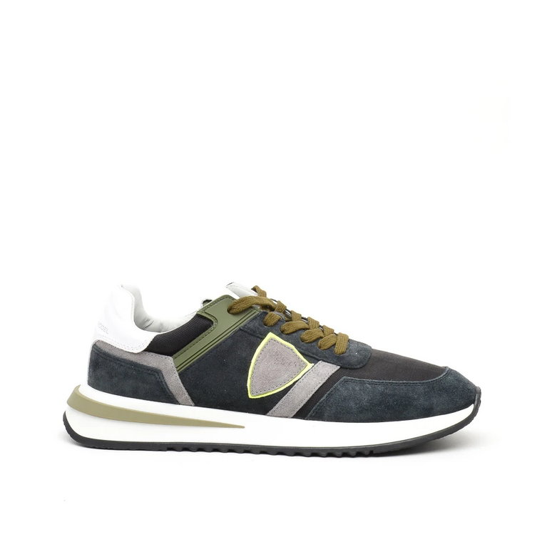 Niebieskie Sneakersy zamszowe i materiałowe z wojskowym zielonym detalem Philippe Model