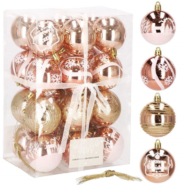 Bombki choinkowe 6 cm 24 szt. rose gold brokatowe zestaw choinkowy