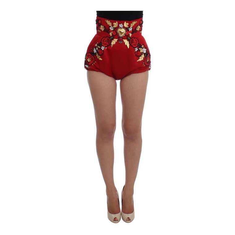 Red Silk Crystal Roses Shorts Dolce & Gabbana