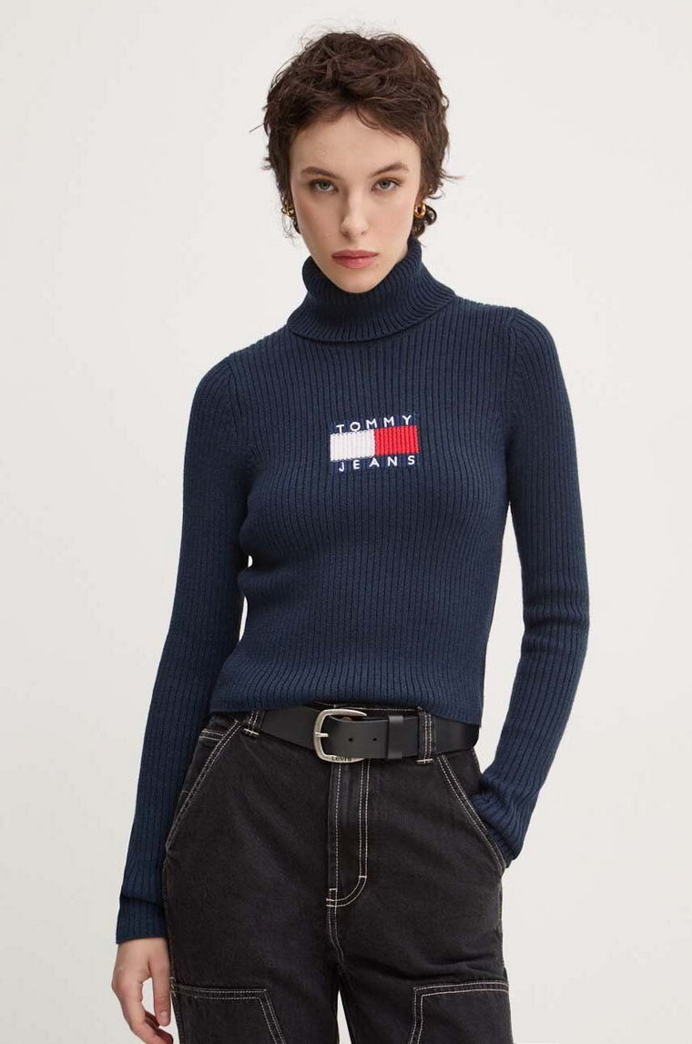 Tommy Jeans sweter z domieszką wełny kolor granatowy z golfem DW0DW18678