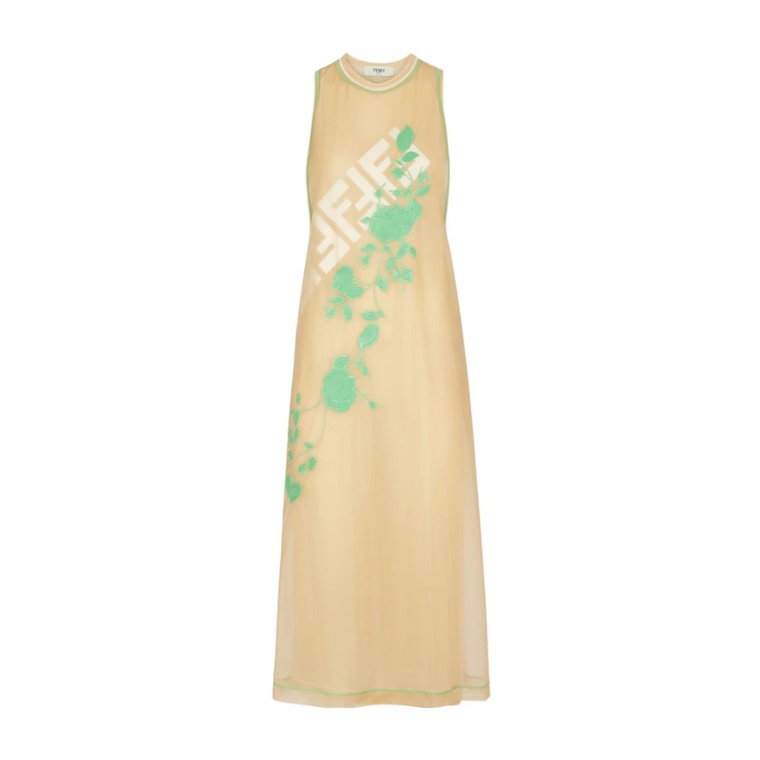 Zielona Sukienka z Organzy z Kwiatowym Wzorem Fendi