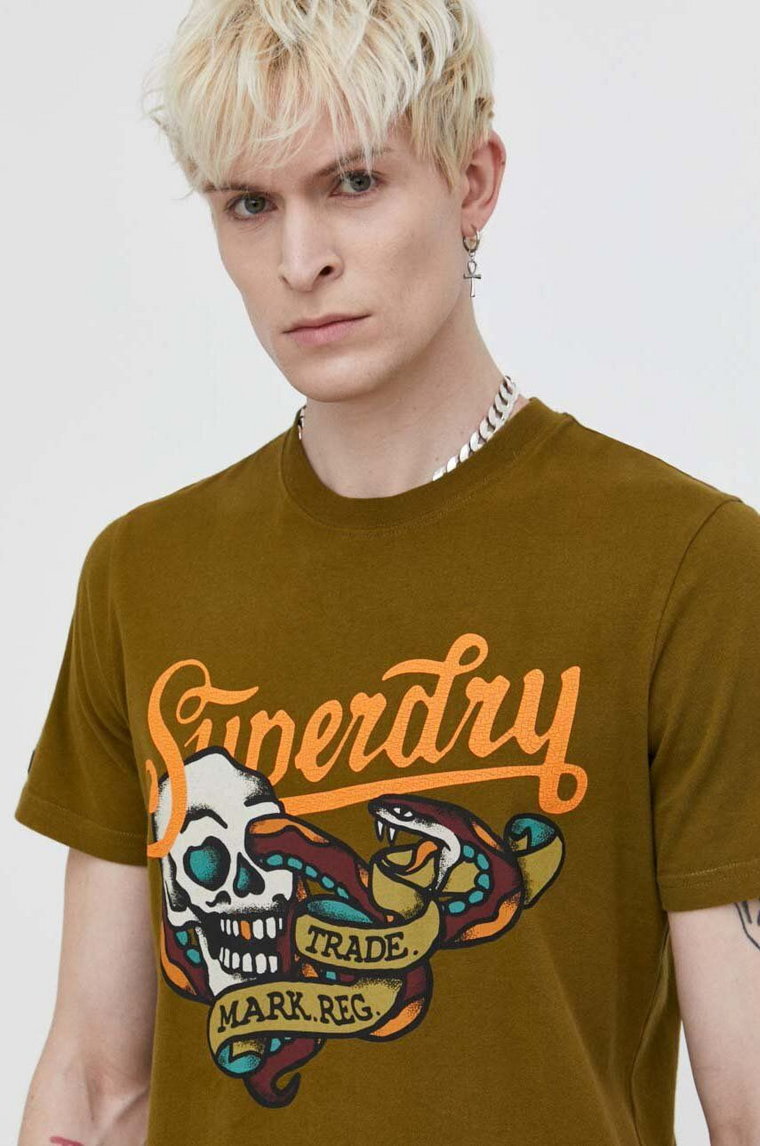 Superdry t-shirt bawełniany męski kolor zielony z nadrukiem