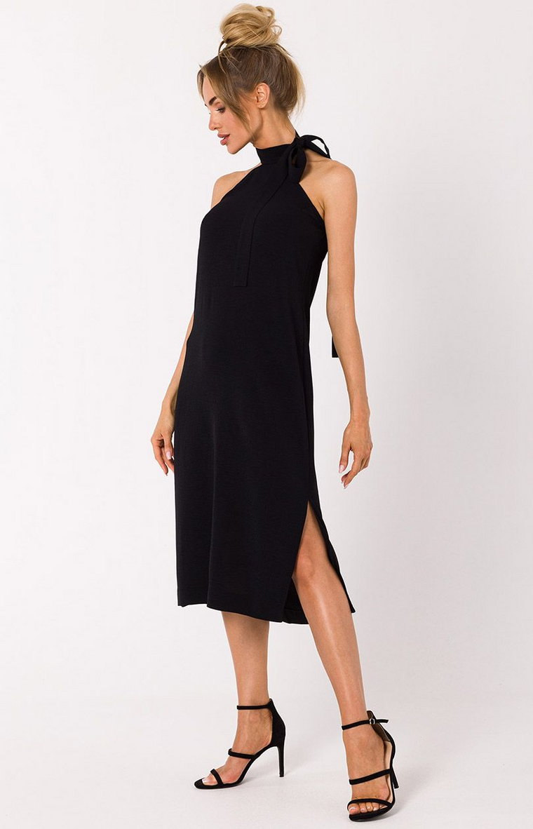 Sukienka z wiązaniem na szyi w kolorze czarnym M736, Kolor czarny, Rozmiar L, MOE