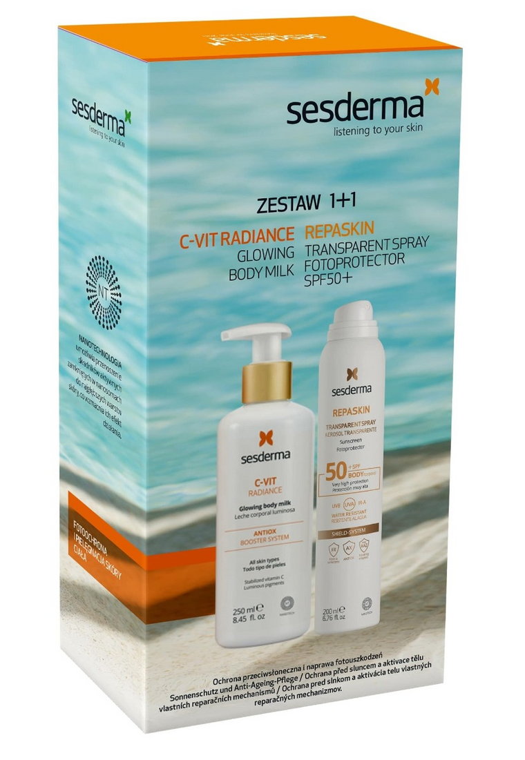 Sesderma Zestaw (C-VIT Radiance Mleczko do ciała 250ml + Repaskin Transparent spray SPF50 200ml)