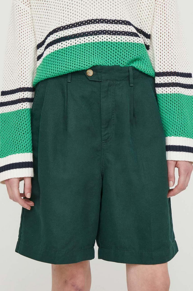 Tommy Hilfiger szorty z domieszką lnu kolor zielony gładkie high waist