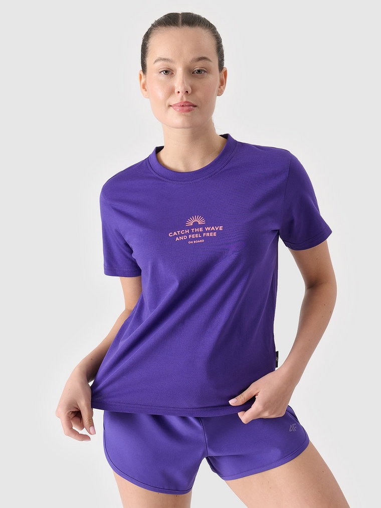 T-shirt regular z nadrukiem damski - fioletowy