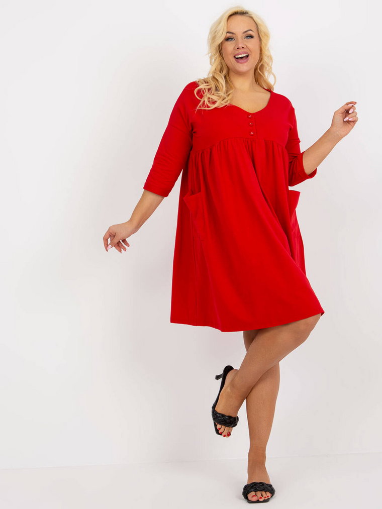Sukienka plus size czerwony codzienna dekolt w kształcie V rękaw 3/4 długość przed kolano kieszenie guziki