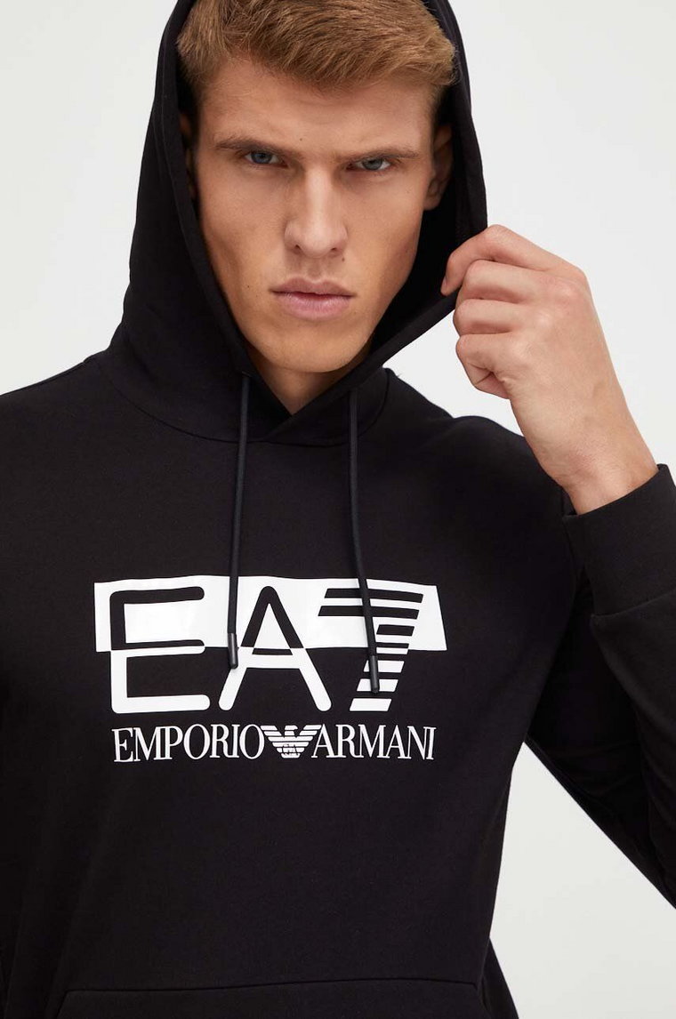 EA7 Emporio Armani bluza bawełniana męska kolor czarny z kapturem z nadrukiem