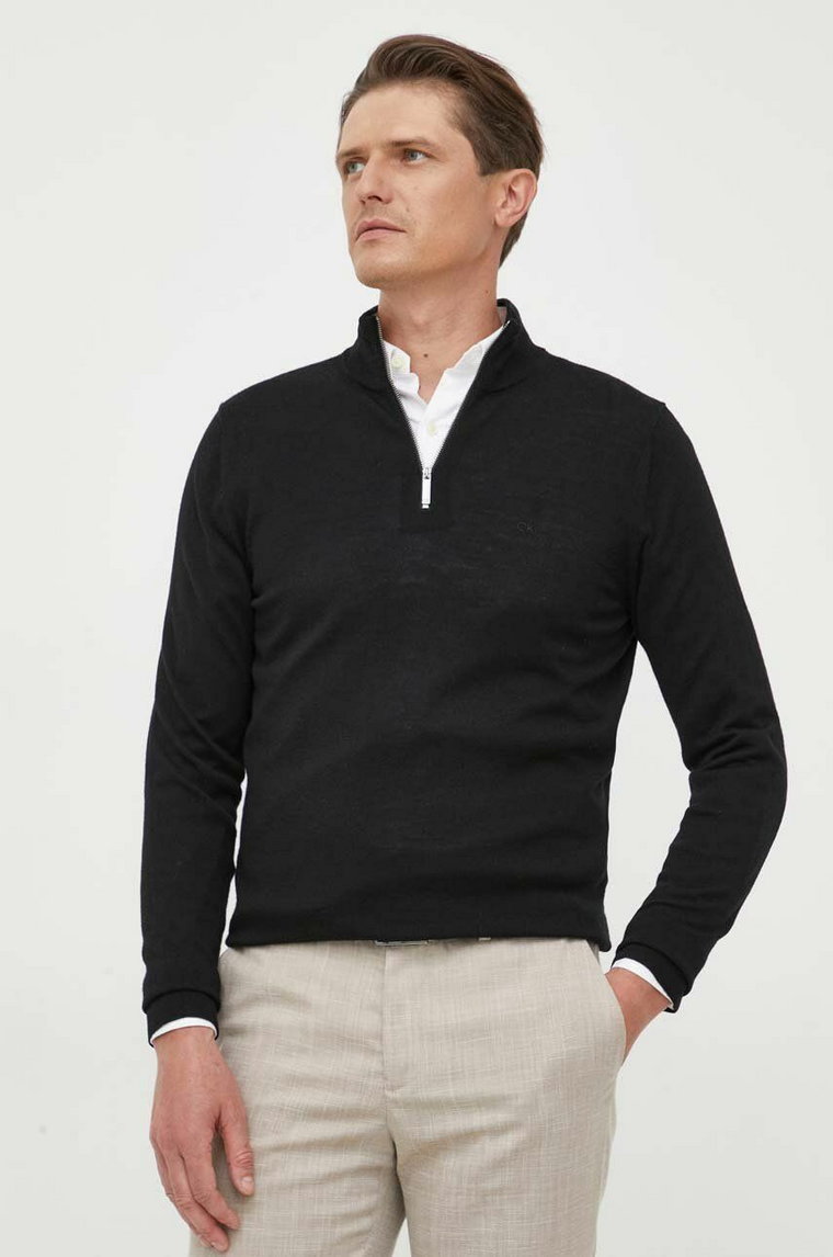 Calvin Klein sweter wełniany męski kolor czarny lekki z golferm